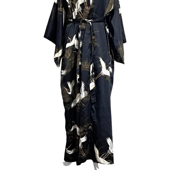 Vintage 70s Japanese Kimono Robe Black Satin Cranes Clouds Made in Japan Tag Rea - Picture 7 of 11